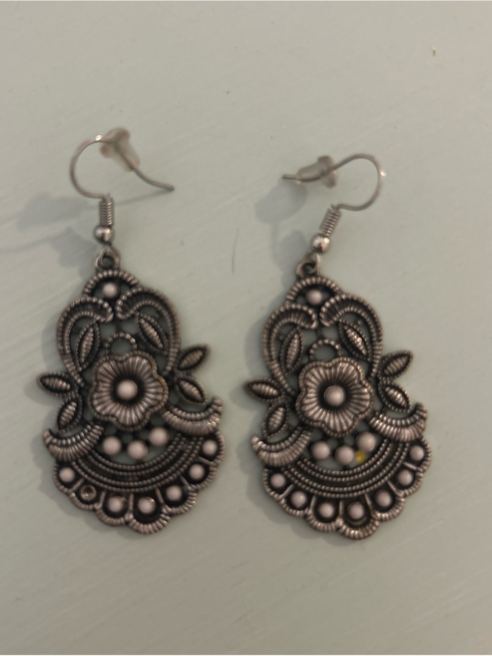 Intricate Floral Filigree Silver-Tone Drop Earrings